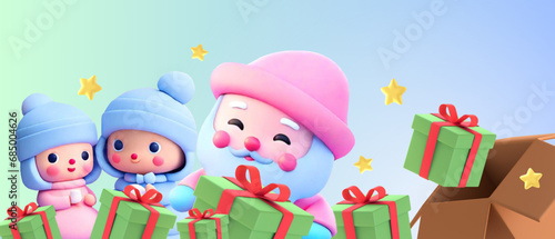 New Year celebration background and green gifts with Santa Claus children with promotional ideas to reduce merchandise prices. blue, star, cheerful, friend, winter, happiness, banner, 3d rendering