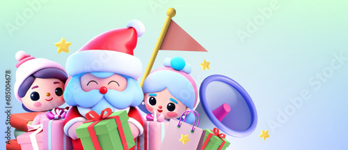New Year celebration background and green gifts with Santa Claus children with promotional ideas to reduce merchandise prices. blue, star, cheerful, friend, winter, happiness, banner, 3d rendering photo