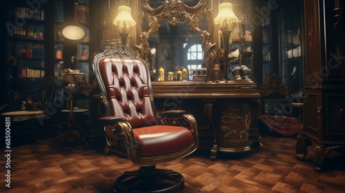 A vintage-inspired beauty salon chair, exuding old-world charm with ornate upholstery and classic wooden accents.