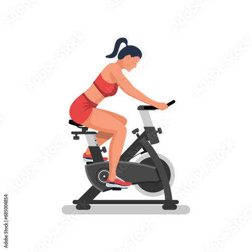 Girl on an exercise bike. A beautiful athletic girl is doing fitness. To pedal. Healthy lifestyle. Fitness and aerobics. Sports training. Active lifestyle. Vector illustration flat design.