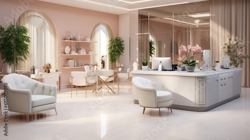 A well-lit, elegant beauty salon reception area with modern furniture and a welcoming atmosphere.