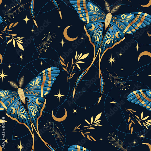Vector seamless pattern with moon moth and stars. Contemporary composition. Trendy texture for print, textile, packaging.