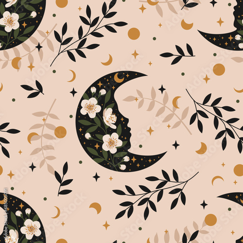 Magic seamless vector pattern with flowers  crescents and stars. Boho pattern for astrology  esoteric  tarot  mystic and magic. 