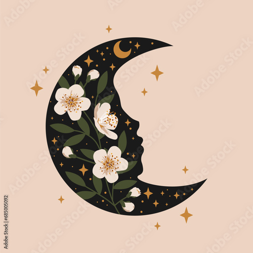 Magic crescent moon with flowers and stars. Boho style. Esoteric and mystical Vector illustration