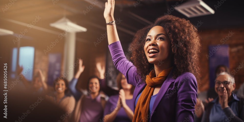 Female speaker, leader speaking at a meeting in front of colleagues. Female speaker, leader speaking at a meeting in front of colleagues.