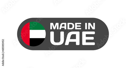 Made in UAE national flag. Made in United Arab Emirates sticker for design. Made in isolated icon. Vector icon