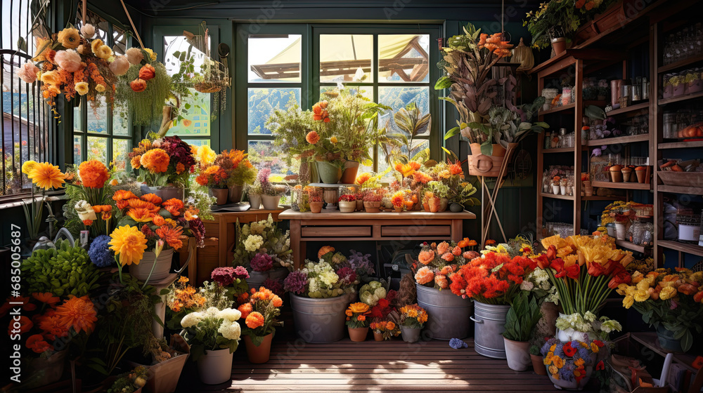 a flower shop is stocked with many types of colorful flowers. beautiful interior of flower shop
