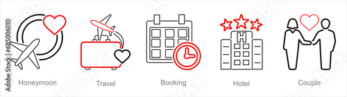 A set of 5 Honeymoon icons as honeymoon, travel, booking