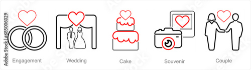 A set of 5 Honeymoon icons as engagement, wedding, cake