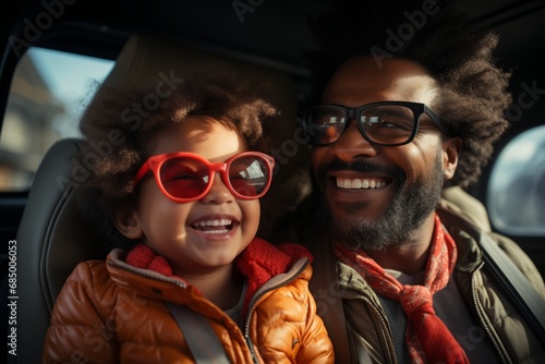 Father and child enjoying a car ride together, both smiling with joy, child wearing oversized red sunglasses. Travel concept.