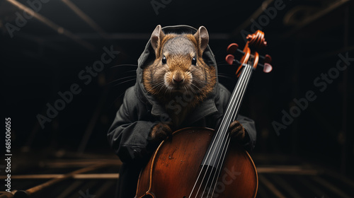 Cute squirrel playing on cello. Wallpaper with musician animals. Generative AI