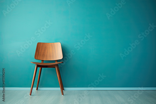 wooden chair in a front of blue wall