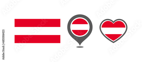 National flag of the Austria. Flag in the shape of rectangles, location marks, hearts. Austria national flag for language selection design. Vector icons