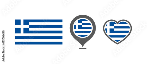 National flag of the Greece. Flag in the shape of rectangles, location marks, hearts. Greece national flag for language selection design. Vector icons photo