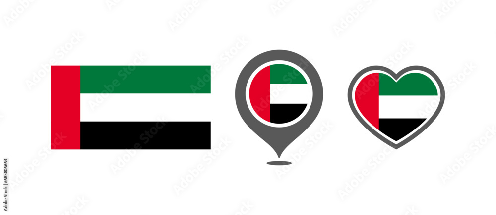 National flag of the UAE. Flag in the shape of rectangles, location marks, hearts. UAE national flag for language selection design. Vector icons National flag of the UAE. Flag in the shape of rectangles, location marks, hearts. UAE national flag for language selection design. Vector icons