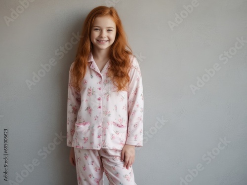 Little beautiful ginger girl in pigamas near wall photo