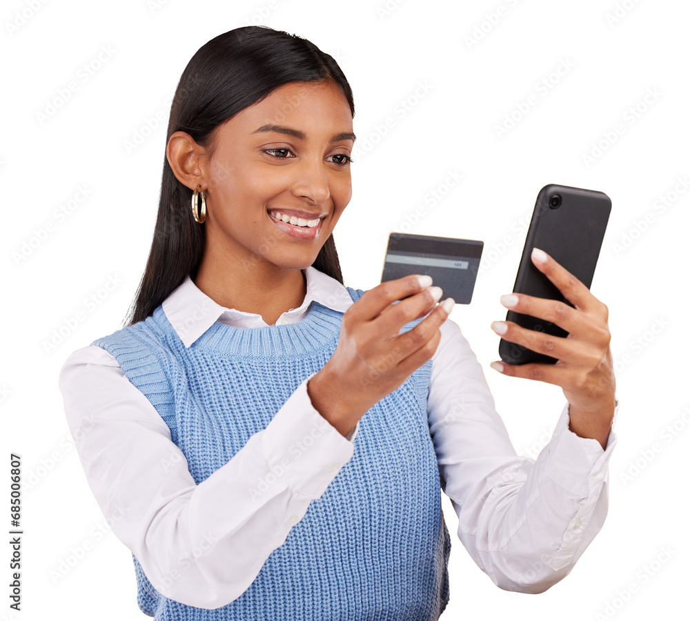 Face, happy woman and credit card for e commerce, online shopping or digital banking. Indian person, entrepreneur and technology with mobile app on isolated or transparent png background for fintech Face, happy woman and credit card for e commerce, online shopping or digital banking. Indian person, entrepreneur and technology with mobile app on isolated or transparent png background for fintech