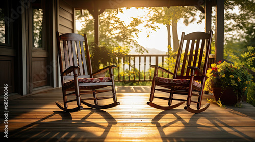 rocking chairs on a porch at sunset photo