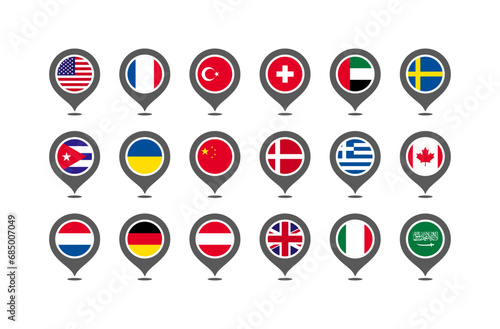Location tags of popular countries. Flat, colored national flags in the form of a geolocation tag. Vector icons