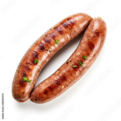 A Bratwurst sausage from German cuisine top view isolated on white background