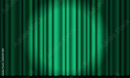 Green curtain background. Theatrical drapes. Green fabric. Wavy silk background.