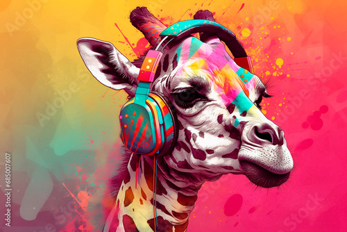 Generative Ai illustration of a portrait of a party giraffe with headphones on a colorful abstract background