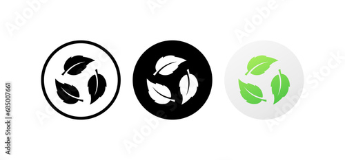 Bio processing icons. Different styles, leaves in a circle bio icons green planet. Vector icons