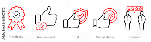 A set of 5 Influencer icons as credibility, recomment, trust