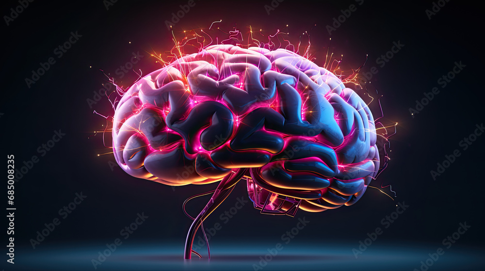 scifi artwork brain. rainbow glowing brain digital art. human brain technology concept digital. organ anatomy  - obrazy, fototapety, plakaty 
