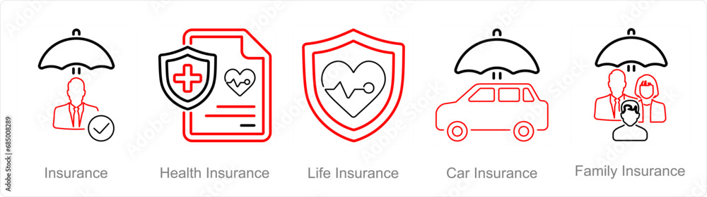 Fototapeta premium A set of 5 Insurance icons as insurance, health insurance, life insurance