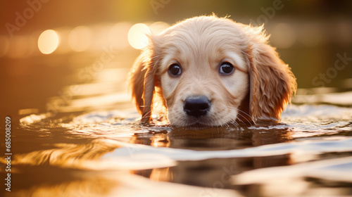 Golden retriever puppy is swimming in the water