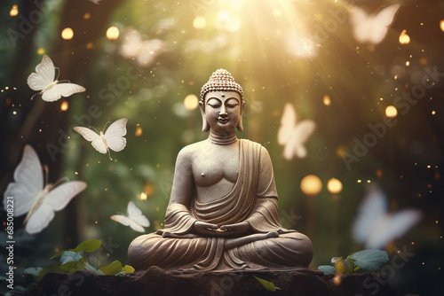 A tranquil Buddha statue amid a forest adorned with graceful white butterflies  embodying spiritual serenity and nature s gentle dance. Ai generated