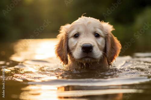 Golden retriever puppy is swimming in the water © standret