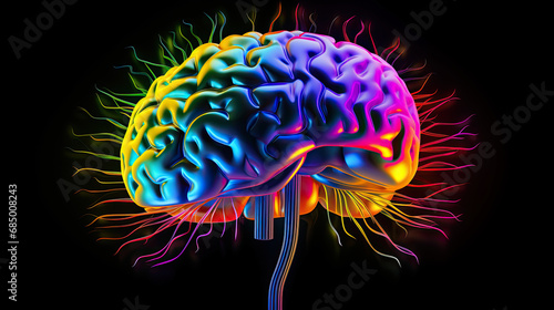 scifi artwork brain. rainbow glowing brain digital art. human brain technology concept digital. organ anatomy  photo