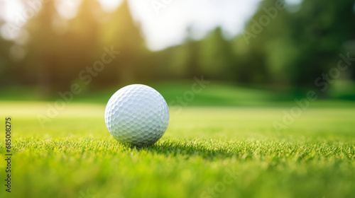 Golf ball placed in a green lawn with sunlight