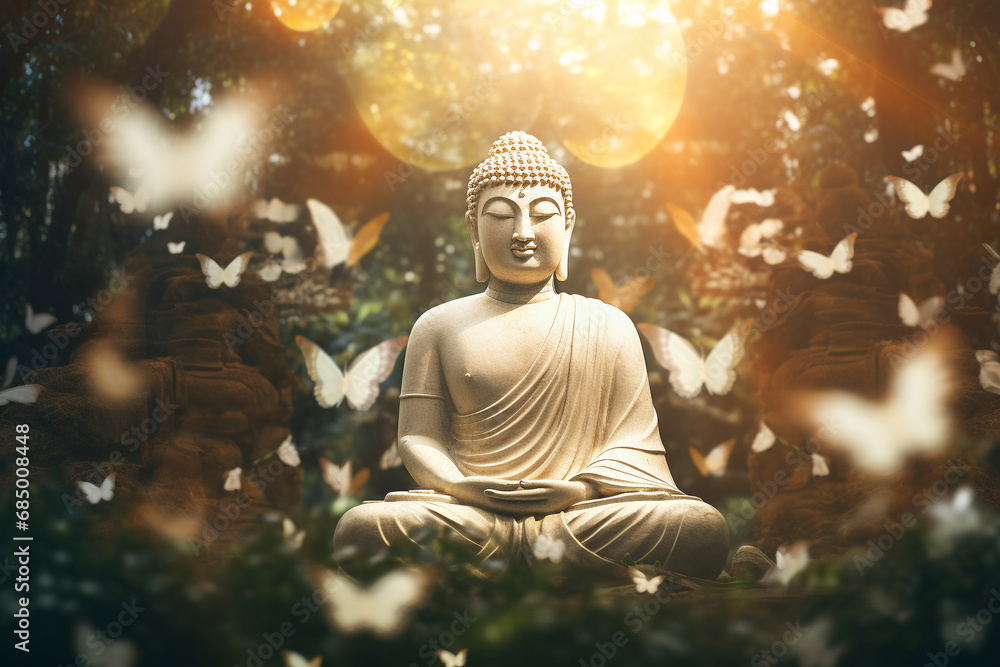 A tranquil Buddha statue amid a forest adorned with graceful white butterflies, embodying spiritual serenity and nature's gentle dance. Ai generated