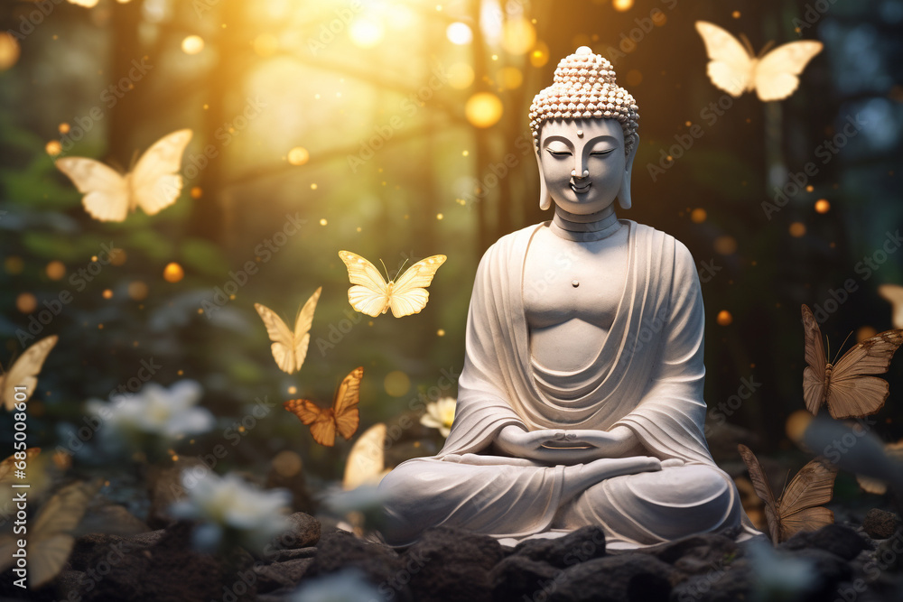 A tranquil Buddha statue amid a forest adorned with graceful white butterflies, embodying spiritual serenity and nature's gentle dance. Ai generated