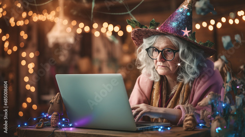 Grandmother is sitting by using laptop. Christmas clothes and interior