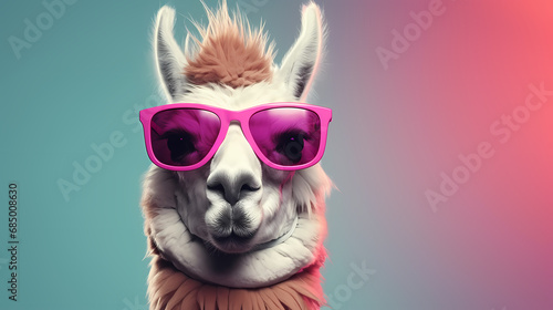 Creative animal concept. Llama in sunglass shade glasses isolated on solid pastel background  commercial  editorial advertisement  surreal surrealism
