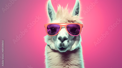 Creative animal concept. Llama in sunglass shade glasses isolated on solid pastel background, commercial, editorial advertisement, surreal surrealism © Derby
