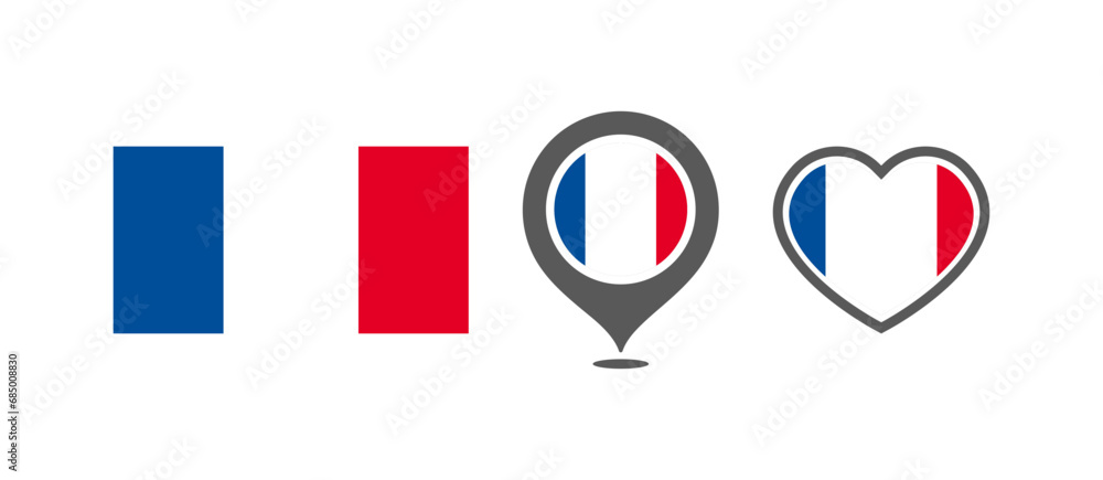 National flag of the France. Flag in the shape of rectangles, location marks, hearts. France national flag for language selection design. Vector icons National flag of the France. Flag in the shape of rectangles, location marks, hearts. France national flag for language selection design. Vector icons