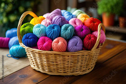 colorful knitting yarn balls in basket on wooden table with bokeh background