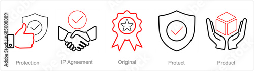 A set of 5 Intellectual Property icons as protection, ip agreement, original