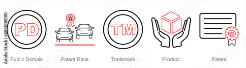 A set of 5 Intellectual Property icons as public domain, patent race, trademark