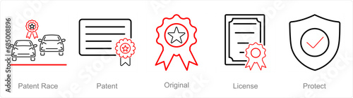 A set of 5 Intellectual Property icons as patent race, patent, original