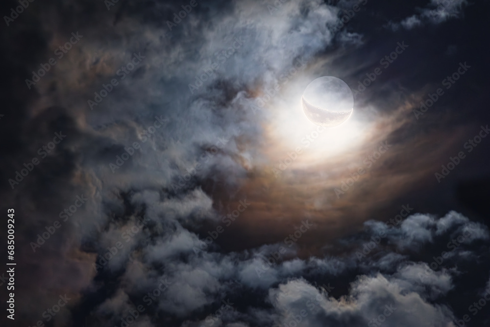 Full moon twilight with craters on the surface and dark sky, close up nature background