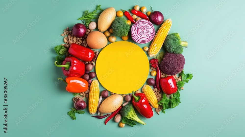 Vegetables arranged in circle on green background. Healthy food concept.