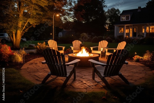 Outdoor fire pit in the backyard with lawn chairs