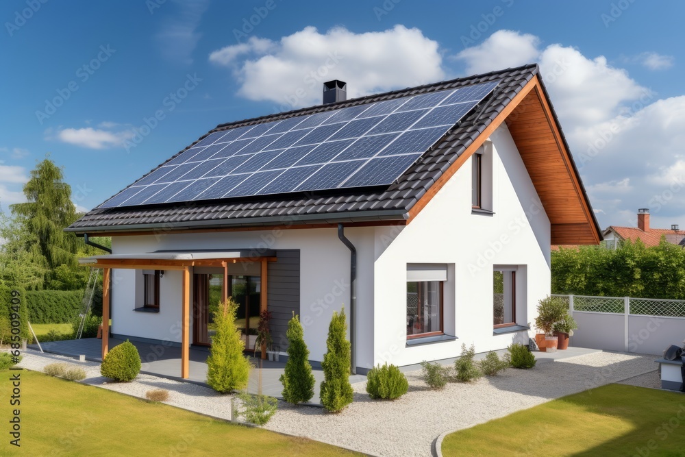 New suburban house with a photovoltaic system. Solar panel system on the roof New suburban house with a photovoltaic system. Solar panel system on the roof