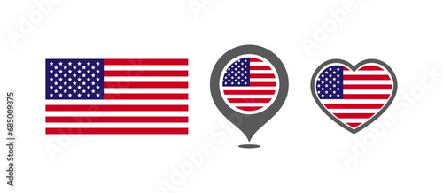 National flag of the United States of America. Flag in the shape of rectangles, location marks, hearts. USA national flag for language selection design. Vector icons